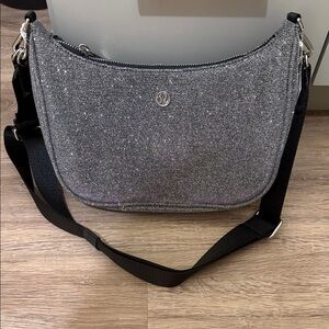lululemon athletica Silver Glitter Crossbody Bag with Black Strap